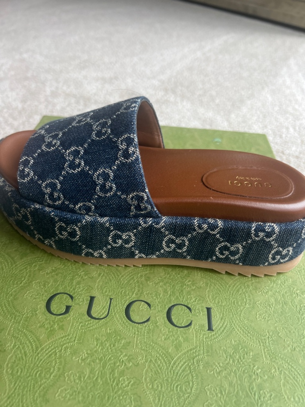 Gucci Angelina Denim GG Logo Platform Slide Sandals - Blue/Brown NIB - Picture 6 of 11
